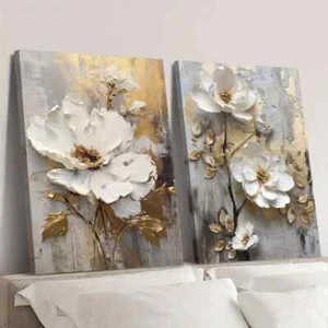 Lienzo arte de pared flores estilo pintura al óleo vintage floral blanco 2 piezas sin marco - Imagen 1 de 7
