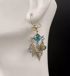 Vintage Gold Tone Leaf Dangle Pierced Earrings, Aqua&Clear Rhinestones - Picture 1 of 7