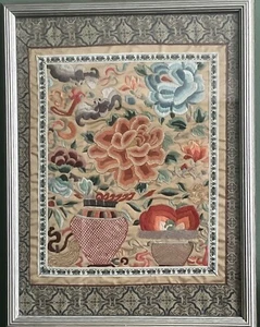 Antique Asian Oriental Chinese 100% Silk Embroidered Panel Peony Floral - Picture 1 of 7