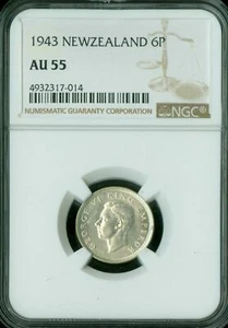 1943 NEW ZEALAND SIX PENCE 6P NGC AU-55 * - Picture 1 of 2