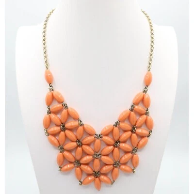 J CREW Acrylic Bead Orange Bib Goldtone Statement Necklace - Image 1 of 4