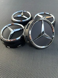 MERCEDES BENZ SET OF 4 BLACK - BLACK OUTLINED 75 mm/2.95in Wheel Center Caps - Picture 1 of 10