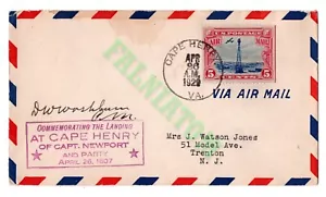 Correo Aéreo 1929 Cape Henry VA Cubierta Conmemoración FDC 5 Céntimos Piloto Firmado Washburn - Imagen 1 de 2
