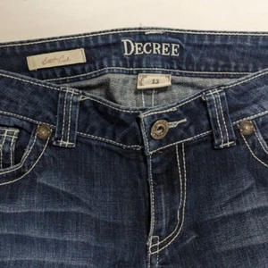 DECREE Jeans ~ Sequin Bling Pockets Boot Cut Dark Denim Womens Size 13 - Picture 1 of 12