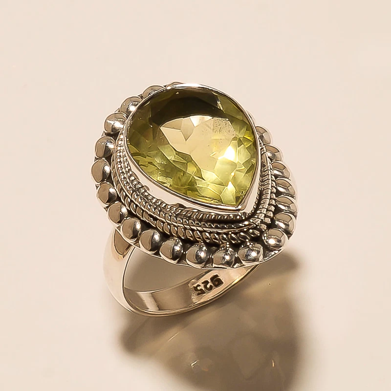 Anillo hecho a mano de piedras preciosas de corte limón natural de plata de ley 925 de 7,50 gm tamaño 8,8" Foto 1 de 3