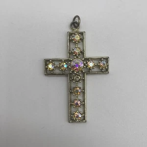 Vintage Silver Tone Aurora Borealis Cross Pendant No Chain - Picture 1 of 4
