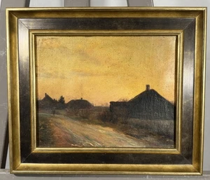 Huile sur toile XIXe signée : personnage au bord d'une chaumière Barbizon - Foto 1 di 12