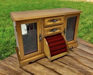 Vintage Large Wood & Etched Glass Jewelry Box W/ Fold Out Ring Holder Mirrored - Picture 1 of 17