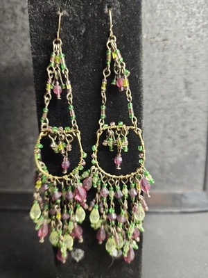 Pendientes Araña Boho 4.25′′ Cuentas Vidrio Multicolor Tono Latón – Limpios Foto 1 de 3