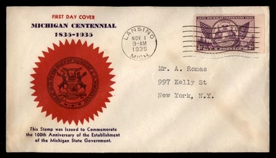 Mayfairstamps US FDC 1935 Michigan Seal Flags MI Centennial First Day Cover aau_ - Image 1 of 2