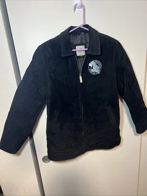 The Disney Store Eeyore Black Suede Leather Jacket Size M Embroidered Zip READ Foto 1 de 4