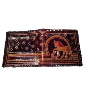 Handcrafted Leather Wallet with Embossed Galloping Unicorn Design Bifold Brown - Picture 1 of 11