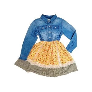 Bonnie Jean Girl's Size 4 Mixed Fabric Denim/ Poly Creped Yellow Floral Dress - Picture 1 of 8