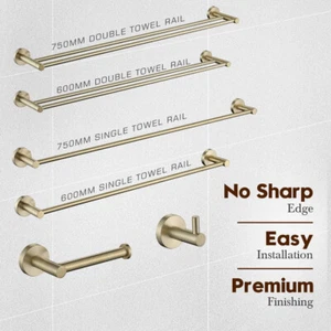 Decaura Brushed Gold Toilet Roll Holder Towel Rails Robe Hooks Stainless Steel - Picture 1 of 35