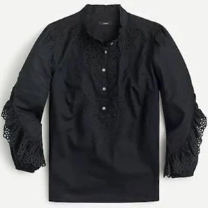 J. Crew Cotton Ruffle Sleeve Embroidered Eyelet Top Black Sz XS - Picture 1 of 13