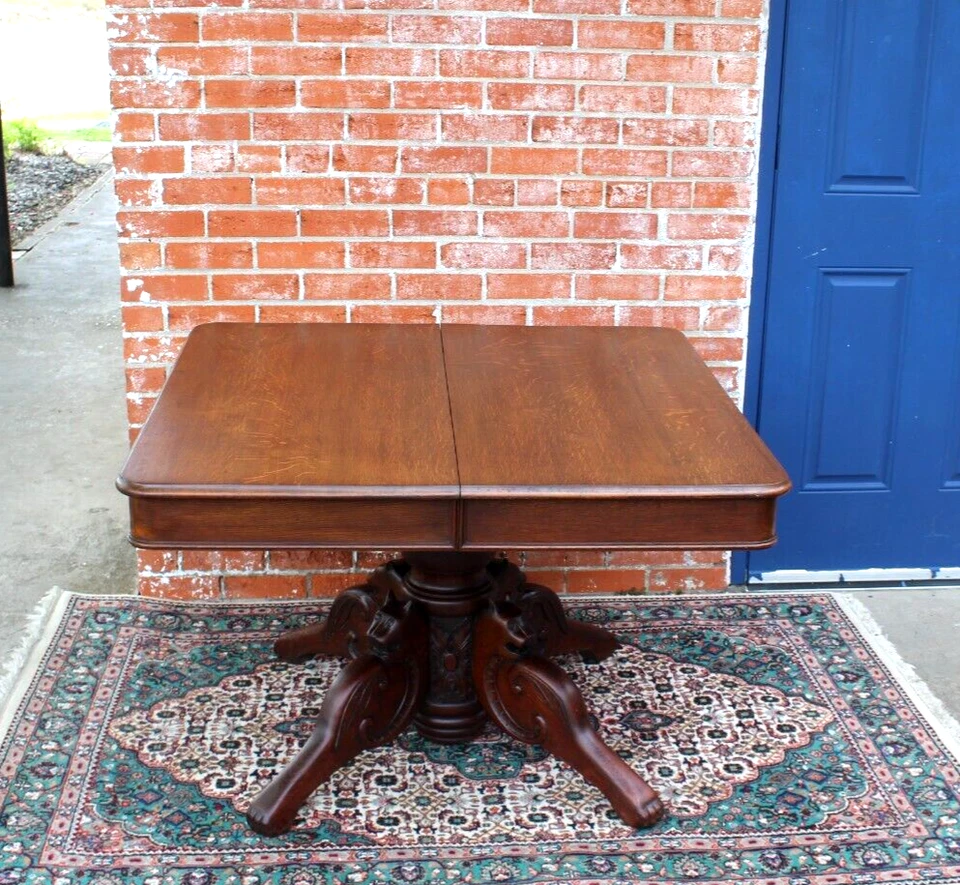 French Antique Tiger Oak Square Kitchen Table | Carved Base Dining Table c.1880 - Image 1 of 4