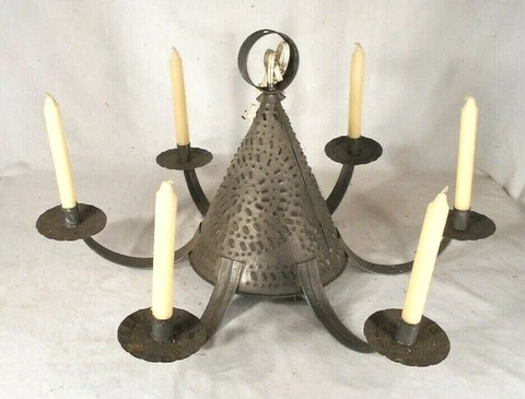 VINTAGE MID CENTURY 6 ARM TIN CANDLE CHANDELIER WITH CENTER LIGHT Cover