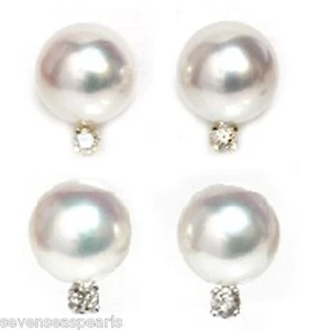 Pendientes de tachuelas de diamantes de perlas cultivadas clásicas Akoya oro blanco o amarillo de 14 K - Imagen 1 de 6