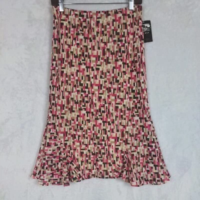 NUEVO CON ETIQUETAS Falda Axcess Mujer Talla 4 ~ Rosa Marrón Geométrico Tirar en Volantes Hasta la Rodilla Foto 1 de 4