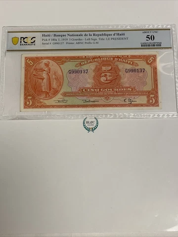 Haiti 5 Gourdes P-180a L. 1919 PCGS 50 About Uncirculated Banknote Cover
