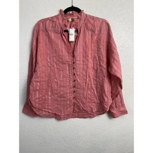 NUOVO top Pilcro Anthropologie Tavi con volant taglia XS rosa argento a righe con bottoni - Foto 1 di 13