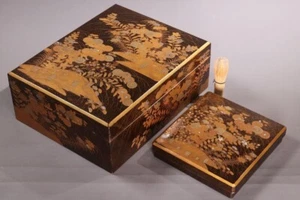 Antique Japanese Lacquer Suzuribako and Bunko Box Set Flower Bird Edo Meiji - Picture 1 of 20