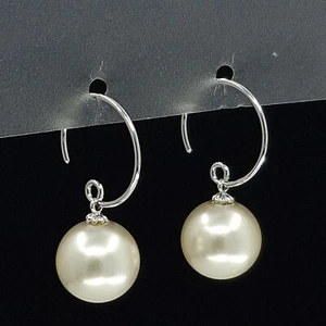 Big 12mm White Pearl Drop Dangle Earrings 925 Sterling Silver Circle Wire Hooks - Picture 1 of 11