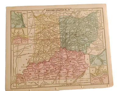 1866 Hand-Colored Map of "United States No9" OH, KY, IN Approx  11" x 9" #20832 - Image 1 of 4