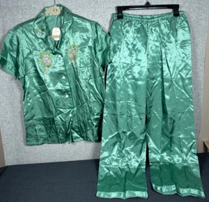 New Vintage Longevity Green Satin Chinese Pajama Set Large Embroidered Top Pants - Picture 1 of 13