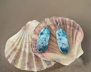 Marine Blue Dendritic Opal Earrings -Sterling Silver plated 925- New - Picture 1 of 3