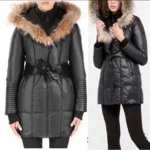 Rudsak Sophie Belted Puffer Coat Geniune Fur-Trim Hood - Khaki/Olive Women Small - Picture 1 of 19
