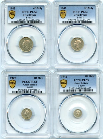 Silver 1942 Great Britain Maundy Set 1, 2, 3, & 4 Pence | PCGS PL65 & PL64 Cover