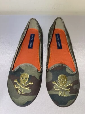 NOVO Sapato Rasteiro Ralph Lauren Jayde Menino Camuflado Lona Caveira Tamanho 4.5 - Imagem 1 de 4