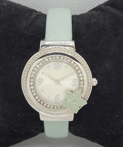 Ladies Paved Flower Silver Tone Green Cuff Bracelet Silver Dial Analog Watch J2 - Picture 1 of 8
