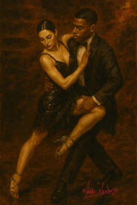 Mario Mendoza Oil Painting Print Canvas Couple in love Dancing Flameco - Image 1 of 4