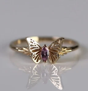 Anillo solitario amatista oro macizo 14K hecho a mano banda mariposa regalo para esposa - Imagen 1 de 12