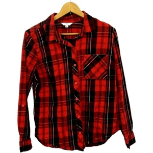 Time and Tru Women's Plaid Red Black White Roll Tab Sleeve Shirt Size L (12-14) - Picture 1 of 8
