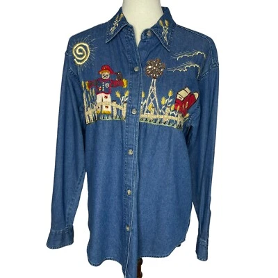 Vintage Denim Carrie Allen Button Front Shirt Fall Scarecrow Barn Windmill Small - Image 1 of 4
