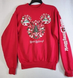 Disneyland Happy Holidays Christmas Red Sweater Small Hanes Mickey Walt Disney - Picture 1 of 5