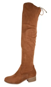 Soda Women Over Knee Thigh High Boots  Zipper Block Heels Back Lace Up Brown YAH - Picture 1 of 7