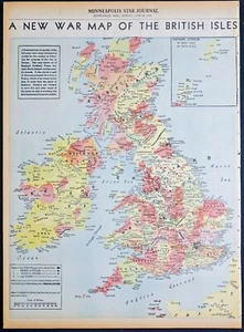 1940 Minneapolis Newspaper Page - A New Color War Map of The British Isles - Picture 1 of 1