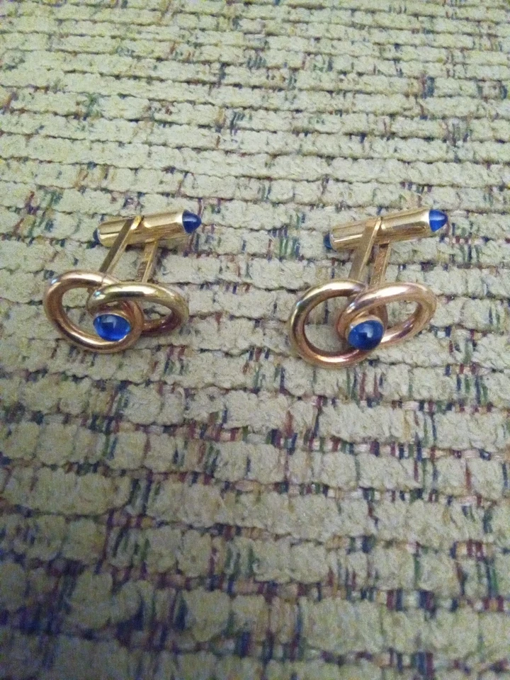 Vintage Brass & Blue Cabochon Stone Cuff Links - Image 1 of 1