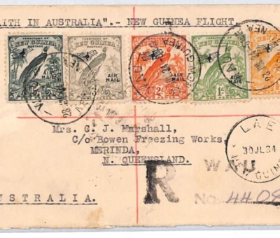 NEW GUINEA Cover Air Mail *FAITH IN AUSTRALIA* Lae Registered 1934 Merinda XC265 - Image 1 of 4
