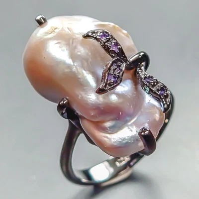 Handmade jewelry Natural Baroque Pearl Ring 925 Sterling Silver Size 8 /R444406 - Image 1 of 4