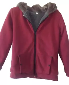 Vintage Fur Lined Fleece Hoodie Size XS 90's Sweatshirt Maroon Hooded Jacket NEW - Picture 1 of 11