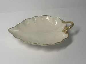 Lenox USA Leaf Shaped Ivory Trinket Candy Dish Woodleaf Collection Gold Trim - Picture 1 of 4