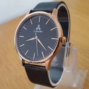Mens Black Steel Milanese Mesh Bracelet Rose-Gold Minimalist Analog Watch NEW - Picture 1 of 10