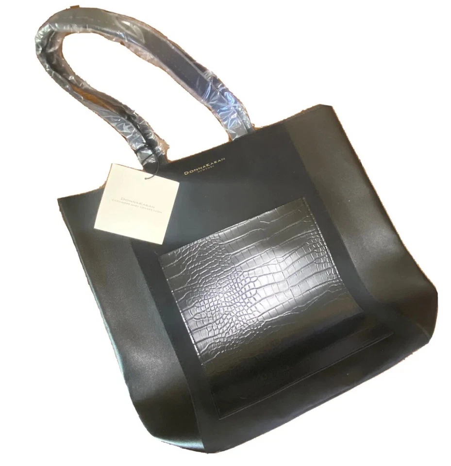 Donna Karan Cashmere Mist Faux Leather Suede Tote Shoulder Bag Croco Pocket