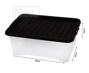 45L PLASTIC CLEAR STORAGE BOXES - BLACK LID STRONG DURABLE HOME OFFICE STACKABLE - Picture 1 of 1