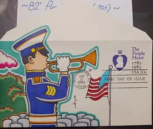  1982 Purple Heart (.20c) FIRST DAY COVER~ Hand Drawn Colored 1/1~ Military  - Picture 1 of 2